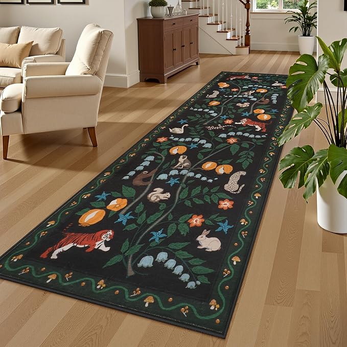 Collive Kitchen Runner Rugs Non Slip, 2.6x8ft Jungle Animal Washable Carpet Runners for Hallway Bathroom, Soft Bedroom Rug Black Ultra Thin Indoor Mats for Entryway, Laundry Room, Bedside