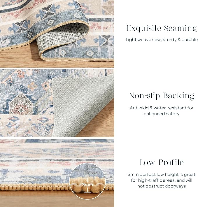 Phantoscope Washable Area Rug 6'x9' Non-Slip, Vintage Neutral Rugs for Living Room, Bedroom, Dining Room, Distressed Boho Geometric Medallion Pattern, Low-Pile Foldable Floor Carpet, Dusty Blue/Multi