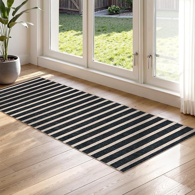 Lahome Striped Easy Jute Kitchen Runner, 2x6 Washable Rug Runners for Hallways Non Slip Entryway Rug, Farmhouse Neutral Indoor Outdoor Black Carpet for Laundry Room Front Porch