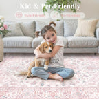 LIVEBOX Pink Washable Area Rug 5x7 - Large Vintage Tribal Living Room Non-Slip Indoor Carpet for Bedroom, Low-Pile Retro Print Distressed Accent for Nursery Dorm Home Decor