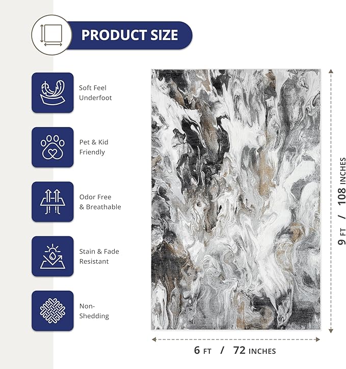 Abani Regal Collection Area Rug - Abstract Grey Black Marble Swirl Design - for Living Room, Bedroom & Office (6' x 9') Washable