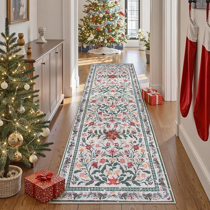 Wonnitar Christmas Runner Rug for Hallway, Christmas Kitchen Decor 2'6"x8' Washable Runner Rug, Non Slip Ultra-Thin Extra Long Holiday Carpet Runners for Bathroom Entryway Winter Decor