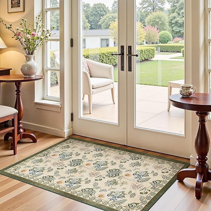 jinchan Elora 3x5 Floral Rug for Entryway Washable Kitchen Rug Vintage Romance Design Small Mat Non Slip Indoor Doormat Lightweight Low-Profile Throw Carpet for Bathroom Laundry Room, Green/Beige