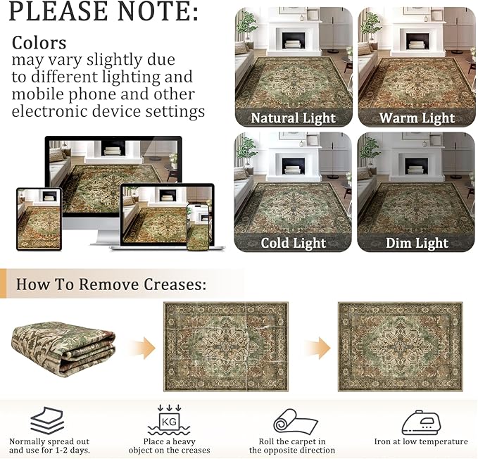 8x10 Machine Washable Area Rug for Living Room, Brown Green Boho Vintage Floral Rug Large Non-Slip Low Pile Soft Faux Wool Carpet, Kids and Pets Friendly for Bedroom Dining Room Farmhouse Decor Rug