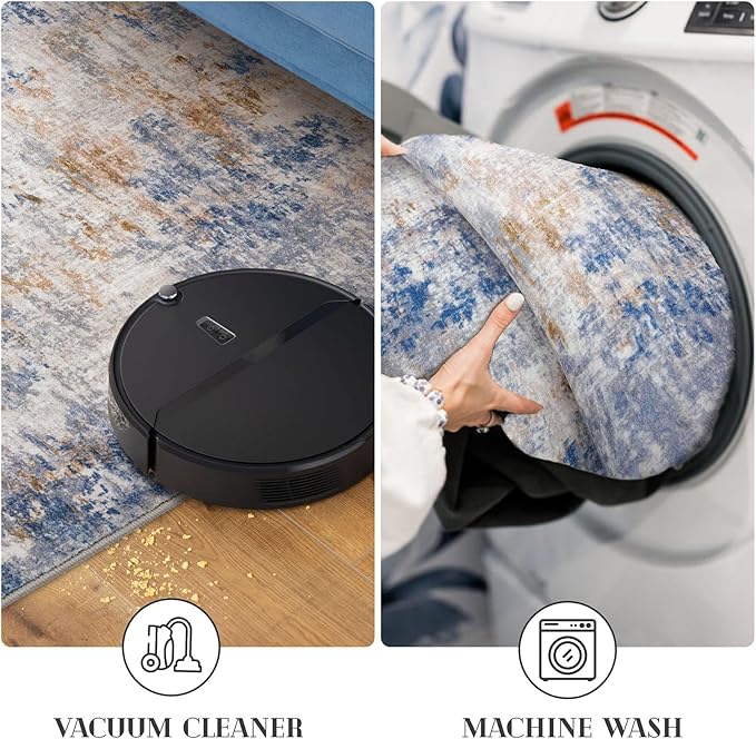 Modern Abstract Runner Rug for Bedroom 2x7, Grey Blue Orange Multi Washable Kitchen Runner, Non-Slip Soft Thin Faux Wool Mat for Entryway, Hallway, Laundry Room Indoor