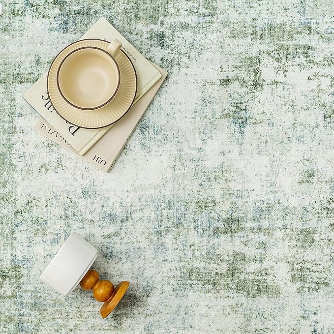 10x12 Washable Area Rug Sage Green Abstract Living Room Bedroom Carpet Neutral Modern Non-Slip Soft Low Pile Lightweight Vacuumable Large Throw Rug for Dining Room