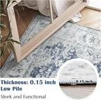jinchan Fiora 6x9 Area Rug for Living Room Machine Washable Vintage Floral Distressed Design Stain Resistant Boho Carpet Ultra-Thin Low Pile Non-Slip Rug for Bedroom Home Office(6'x9', Dark Blue)