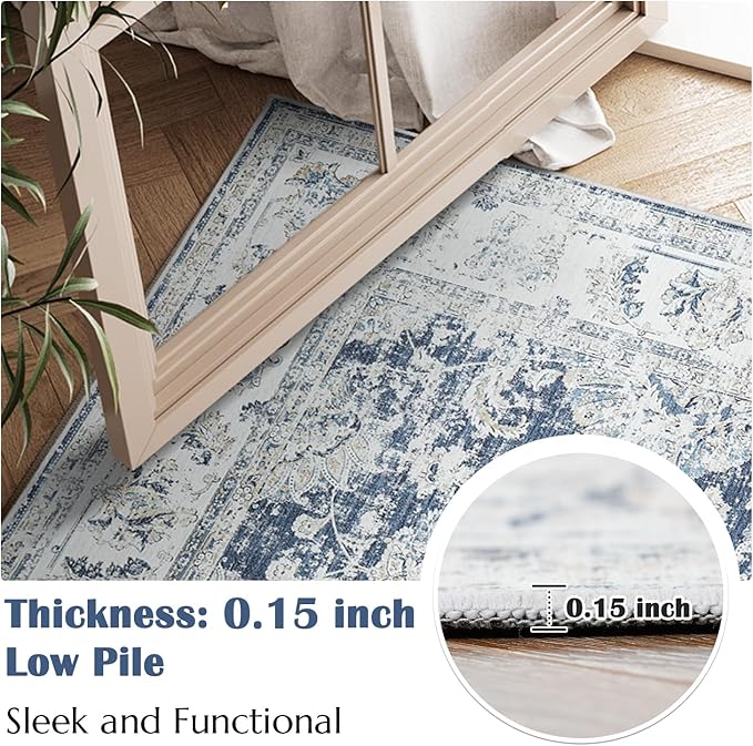 jinchan Fiora Floral 2x3 Rug for Entryway - Vintage Washable Small Non-Slip Distressed Indoor Doormat Ultra-Thin Low-Pile Accent Rug for Entrance Kitchen Bedroom Bathroom (2x3ft, Dark Blue)
