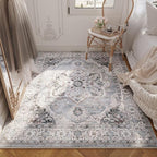 Rugcomf Vintage Medallion 3'x5' Washable Rug - Non-Slip Low Pile Area Rug, Small Boho Carpet for Bedroom, Bedside, Kitchen, Entryway, Kids/Girls Room, Office - Grey and White