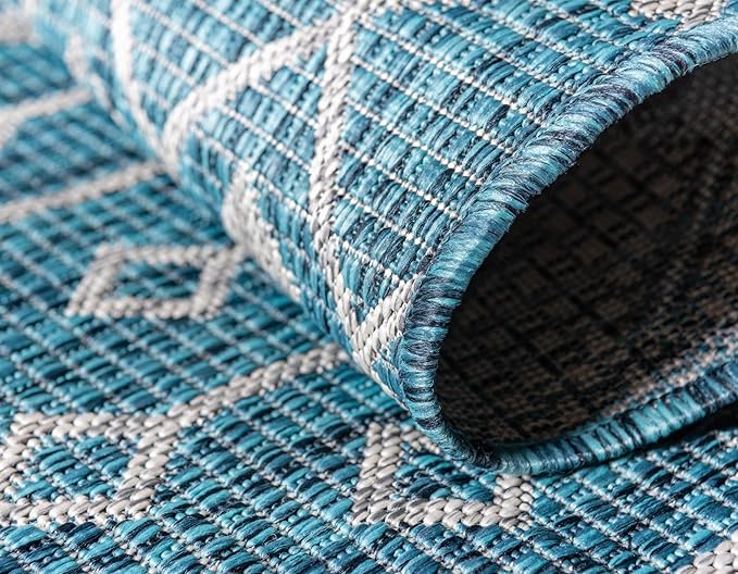 Unique Loom Outdoor Trellis Collection Area Rug - Tribal Trellis (5' 3" Round, Teal/ Ivory)