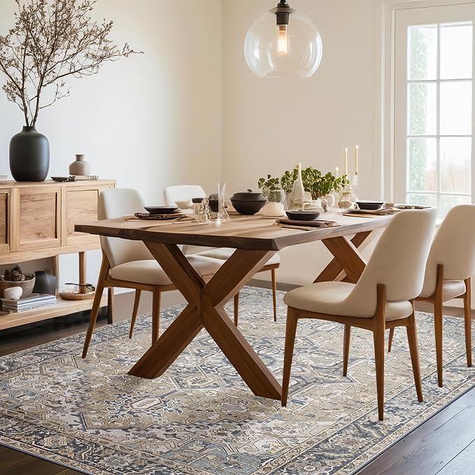 Kokia 8x10 Washable Area Rugs Blue with Vintage Orient Design, Soft Rug for Living Room or Bedroom, Non-Slip Low Pile Stain Resistance Features, Distressed Medallion Pattern