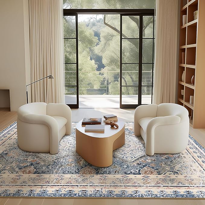Phantoscope Washable Area Rug 9'x12' Non-Slip, Vintage Neutral Rugs for Living Room, Bedroom, Dining Room, Distressed Boho Geometric Medallion Pattern, Low-Pile Foldable Floor Carpet, Dusty Blue/Multi