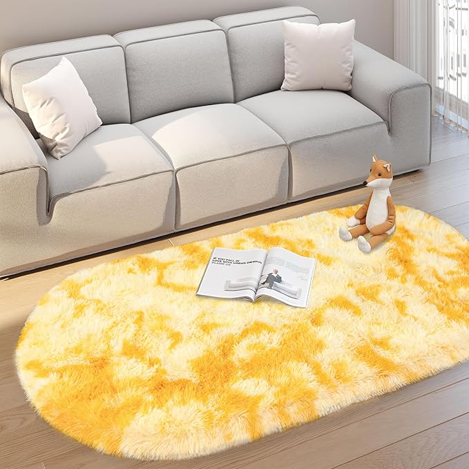 Soft Fluffy Area Rug for Bedroom, Fuzzy Shaggy Oval Throw Rugs for Bedside, Non-Slip Cozy Plush Shag Carpet for Kids Room Nursery Dorm Living Room, Tie Dye Yellow, 2.6 x 5.3 Feet, 2 Packs