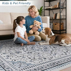 Luxury 5' x 7' Blue Washable Area Rugs, Boho Low Pile Easy Clean Non-Slip Rug, Floral Medallion Pattern Vintage Rugs for Living Room, Dinning Room, Office, Bedroom, Bathroom, Laundry Room, Farmhouse