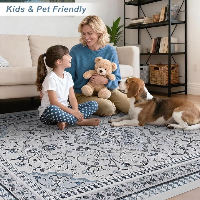 Luxury 5' x 7' Blue Washable Area Rugs, Boho Low Pile Easy Clean Non-Slip Rug, Floral Medallion Pattern Vintage Rugs for Living Room, Dinning Room, Office, Bedroom, Bathroom, Laundry Room, Farmhouse