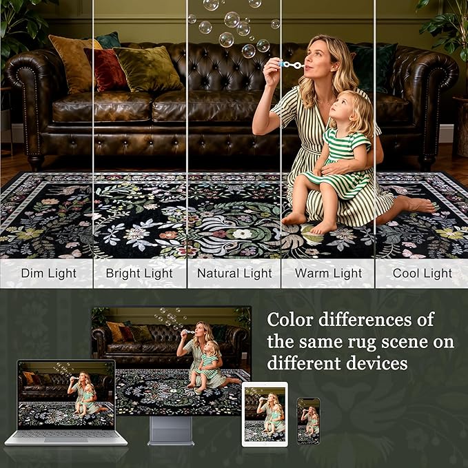 6x9 Area Rugs Living Room Rug: Vintage Washable Rug Floral Soft Carpet Indoor Floor Non-Slip Boho Stain Resistant Large Carpets for Bedroom Kids Nursery Dining Room Farmhouse Home Office Black