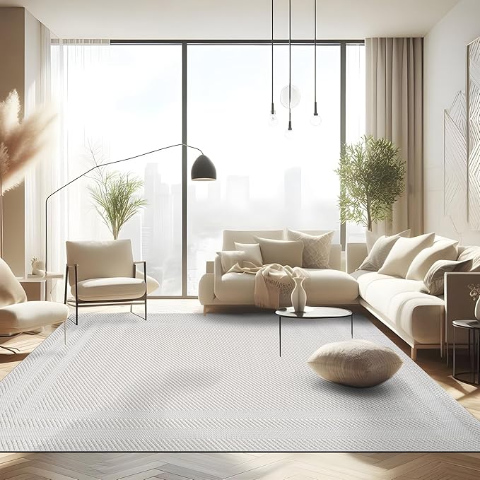 CAMILSON Micro Loop Rug 9x12 Modern Luxury Bordered Large Area Rugs Soft High and Low Pile Stain Resistant Easy-Cleaning Non-Shedding for Living Room Office Indoor Carpet (9 x 12 / White)