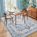 3x5 Area Rug for Bedroom, Machine Washable Rugs with Non-Slip Backing for Living Room, Soft Vintage Carpet Kitchen Laundry Kids Room Decor, Blue & Beige
