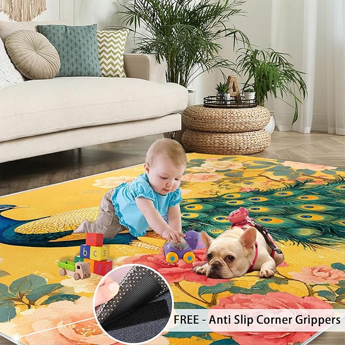Classic Peacock Rug Large - 6x9 Rug, Peacock Peony Flower Washable Rugs for Living Room, Yellow Teal Turquoise Carpet, Non-Slip Area Rugs for Bedroom, Aesthetics Carpet - Peafowl Home Decor & Gifts