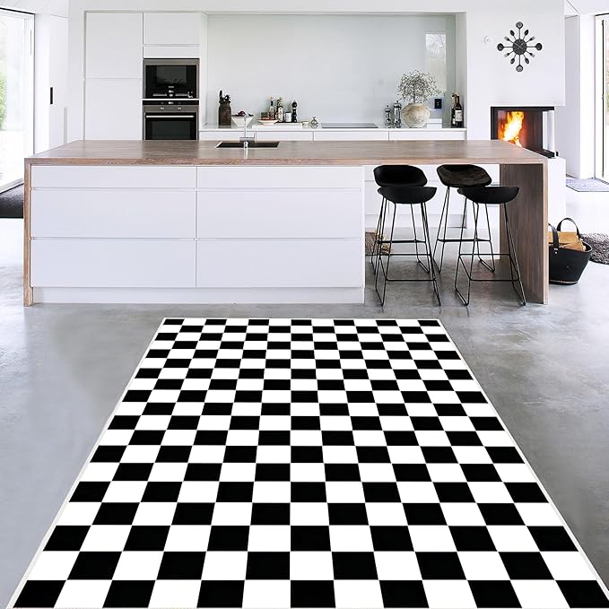 Checkered Rug 5x7 Large Washable Black and White Checkered Rug Modern Ultra Soft and Low-Pile Non-Slip Bedroom Carpet for Dining Room Living Room Home Decor (Black and White, 5x7ft)