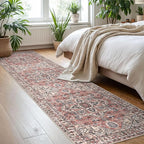 KOZYFLY Runners for Hallways 2x8 Ft Washable Kitchen Runner Rug Boho Entry Rug for Hallways Indoor Printed Faux Wool Long Floor Carpet for Entryway Bedroom Kitchen Hallway, Terracotta/Beige