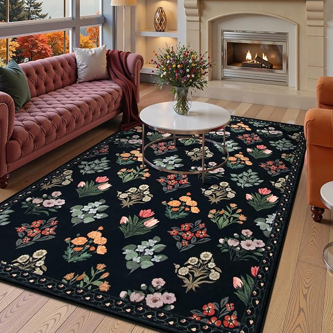 Wonnitar Floral Print Rug for Living Room, Black Washable 5x7 Area Rugs, Ultra-Thin Non Slip Stain Resistant Bedroom Carpet for Dining Room Playroom Office Dorm, Black/Multi