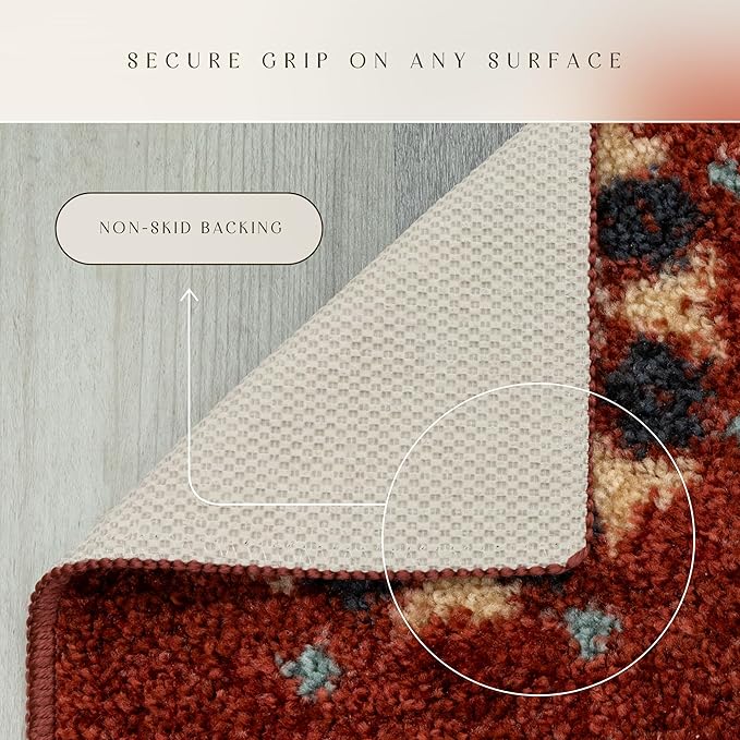 Maples Rugs Reggie Floral Runner Rug - Made in USA - Washable, Non Slip Indoor Carpet for Kitchen, Hallway, and Laundry Room, 2' x 10', Merlot