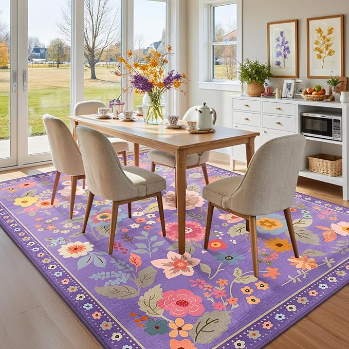Floral 5x7 Area Rug Machine Washable Soft Print Boho Carpet Non Slip Doormat Low Pile Flower Area Rugs for Living Room Bedroom Nursery Kitchen Dining Room Indoor-Purple/Pink/Multi