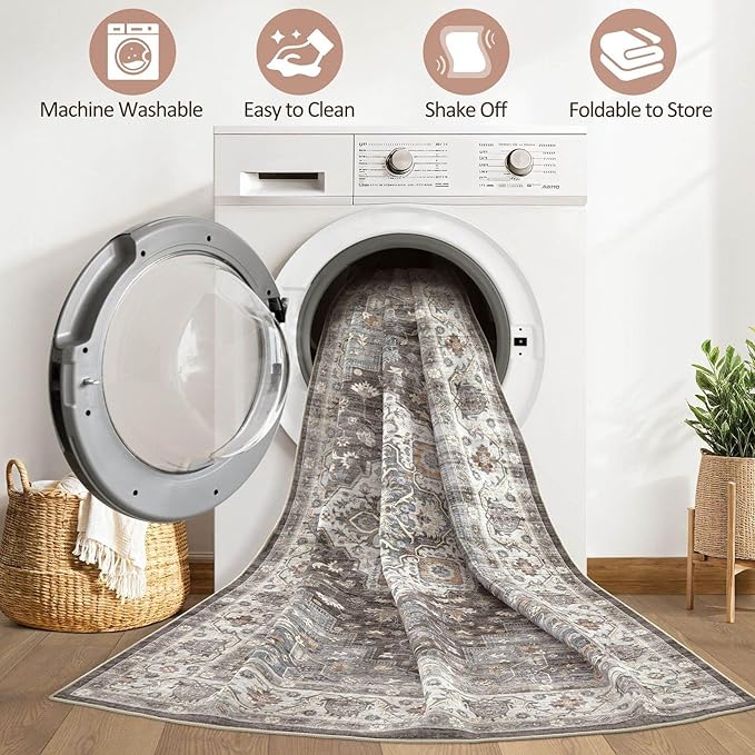 10x14 Area Rugs Living Room: Washable Boho Large Neutral Vintage Soft Rug Stain Resistant Farmhouse Non-Slip Indoor Floor Carpet for Bedroom Nursery Kids Office Dining Room Playroom- Grey Brown