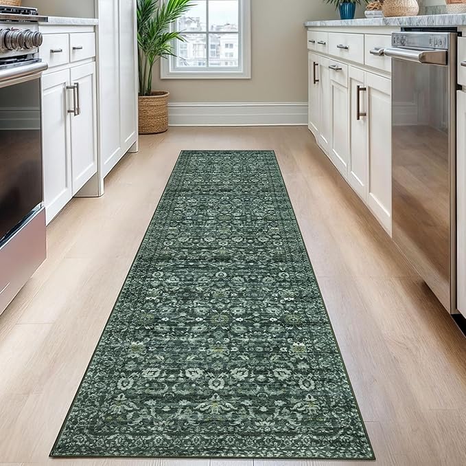 Hallway Runner Rug, Dark Green Washable Runner Rug 2x8 Vintage Floral Kitchen Rug Runner Non Slip Boho Thin Printed Faux Wool Super Soft Carpet for Entryway Bedroom Laundry Room Indoor
