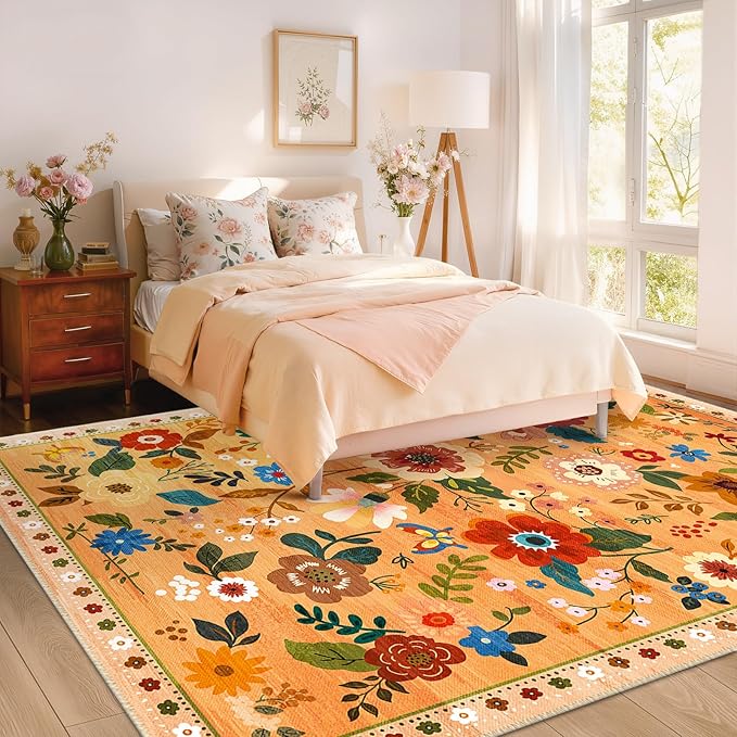 Floral 6x9 Area Rug Machine Washable Soft Print Boho Carpet Non Slip Doormat Low Pile Flower Area Rugs for Living Room Bedroom Nursery Kitchen Dining Room Indoor-Yellow/Orange