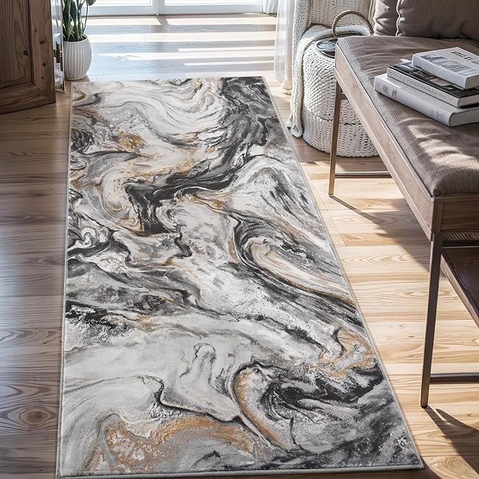 2x8 Runner Rug for Hallways Kitchen Modern Abstract Washable Runner Rug Soft Non Slip Marble Carpet Runner for Laundry Entryway Bedroom Bathroom