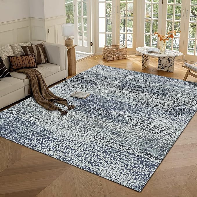 Washable Area Rug - 1/6" Thick Low-Pile - Stain & Water Resistant Non-Slip Backing - Pet & Child Friendly Vintage Speckled Design in Grey with Light Teal & White Accents (8' x 10')