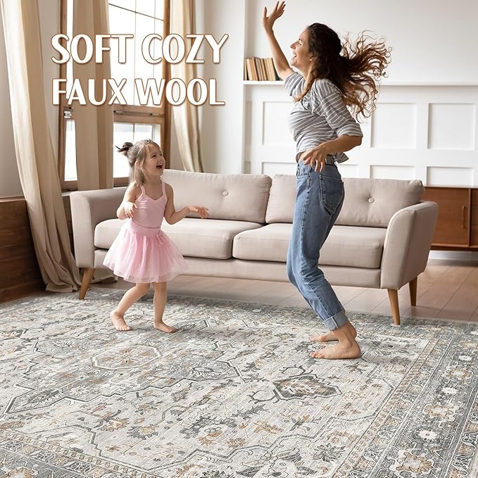 8x10 Area Rugs Living Room: Washable Boho Large Neutral Vintage Soft Rug Stain Resistant Distressed Farmhouse Non-Slip Indoor Floor Carpet for Bedroom Nursery Kids Office Dining Room- Taupe