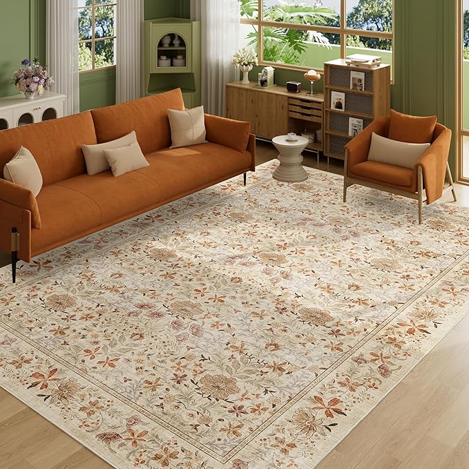 DUKINO 6x9 Rugs for Living Room, Vintage Washable Rug with Non Slip Backing, Floral Low Pile & Non-Shedding Large Area Carpets for Bedroom, Dining Room, Farmhouse, Home Office, Beige