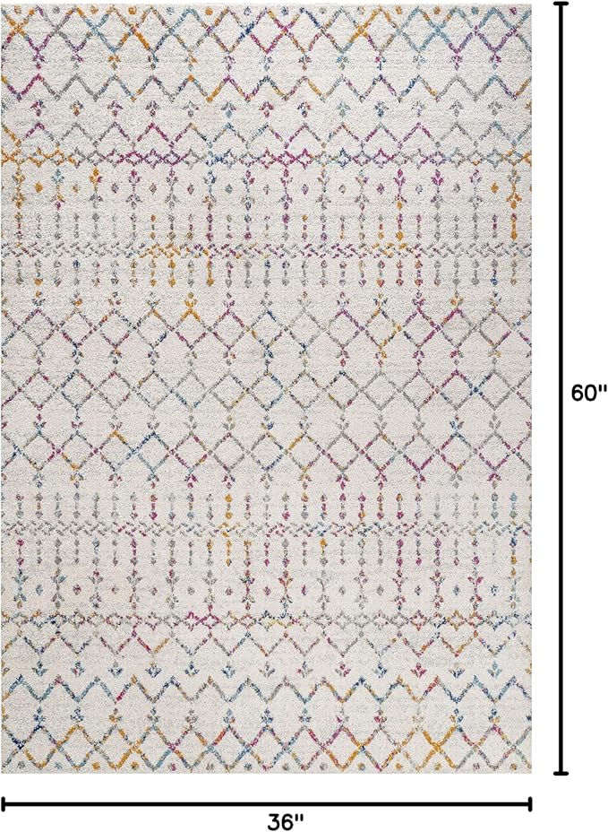 JONATHAN Y Boho Vintage Diamond Ivory/Multi Indoor Area Rug 3X5 ft, Moroccan Hype for Living Room, Bedroom, Kitchen, Office, Easy-Cleaning, High Traffic, Pet-Friendly, Non-Shedding (MOH101E-3)