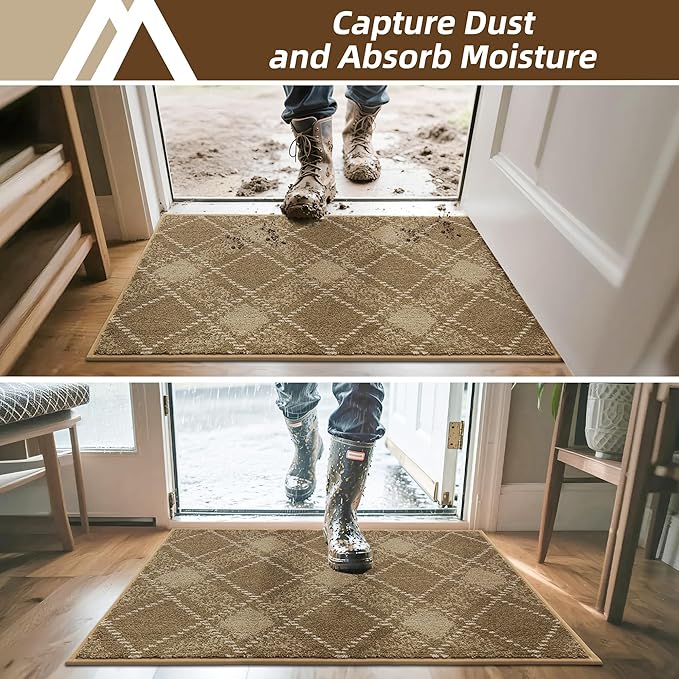 COSY HOMEER Plaid Door Mat 24" x 36",Dirt Trapper Entryway Rugs,Non-Slip Washable Farmhouse Doormat,Low Profile Welcome Mats for Paws Taupe