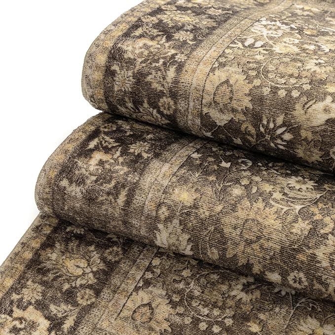 HUGEAR 3x5 Machine Washable Rugs Brown Hallway Area Rug Indoor Accent Rug Floral Mid Pile Carpet Soft Thicker Throw Rug Bedroom Living Room Office Dining Room Kitchen Laundry Room Non Slip