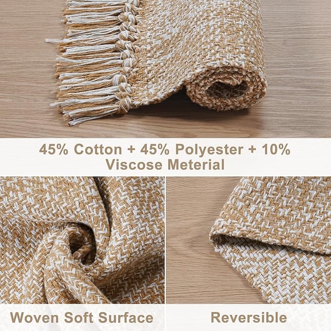 Collive Kitchen Runner Rug, 2' x 4.3' Hand-Woven Reversible Washable Rugs, Tan Cotton Modern Farmhouse Bathroom Mat Hallway Carpets for Foyer Bedroom Entry Back Door Decor