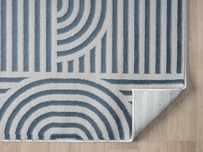 Annabel Modern Geometric Area Rug for Living Room, 4x6 Contemporary Arched and Linear Blue Rug, High-Low Pile Stain Resistant Carpet for Bedroom, Dining Room or Kitchen (4' x 6', Blue)