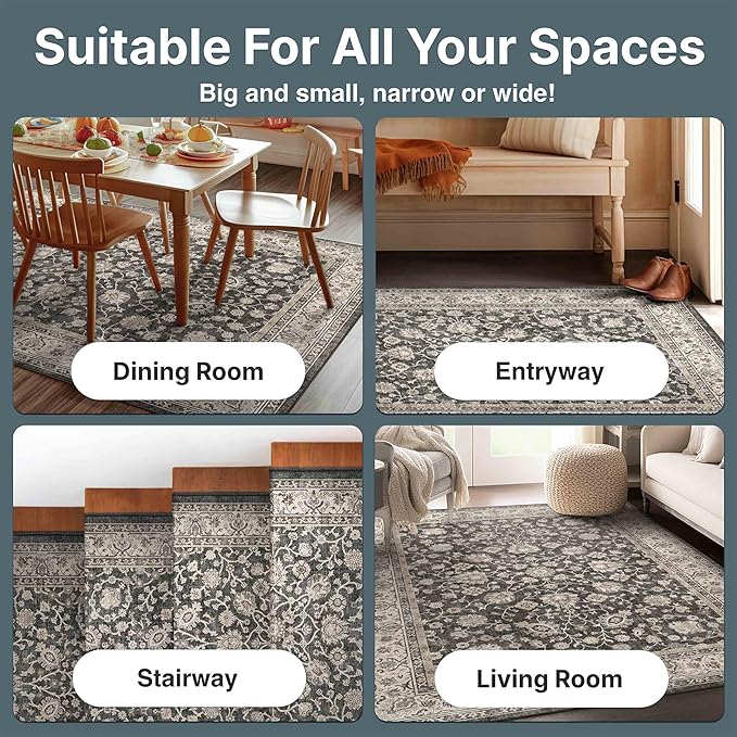 Well Woven Asha Rome Black 9'10" x 13' Area Rug - Oriental Floral Pattern, Easy Clean, Floor-Friendly Backing - for Living Room, Bedroom, and Dining Room