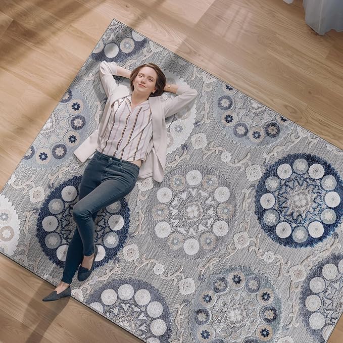 CAMILSON Indoor Outdoor Rug 9x12 Bohemian Medallion Floral Area Rugs for Indoor and Outdoor Patios Easy-Cleaning Non-Shedding Living Room Garden and Kitchen Washable Outside Carpet (9 x 12 / Blue)