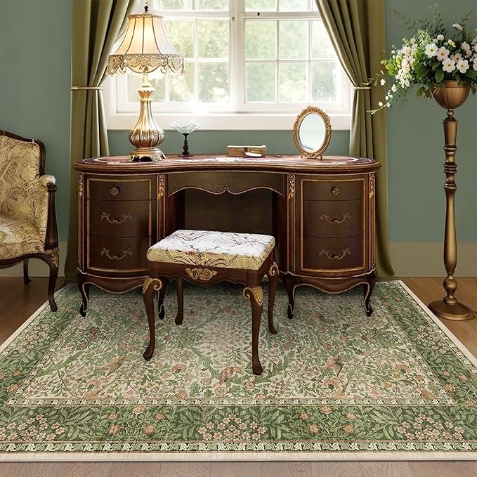 3x5 Floral Washable Area Rug for Living Room, Vintage Boho Rugs for Bedroom Dining Room, Botanical Birds Non Slip Low Pile Forest Throw Carpet for Farmhouse Office, Retro Pink/Green