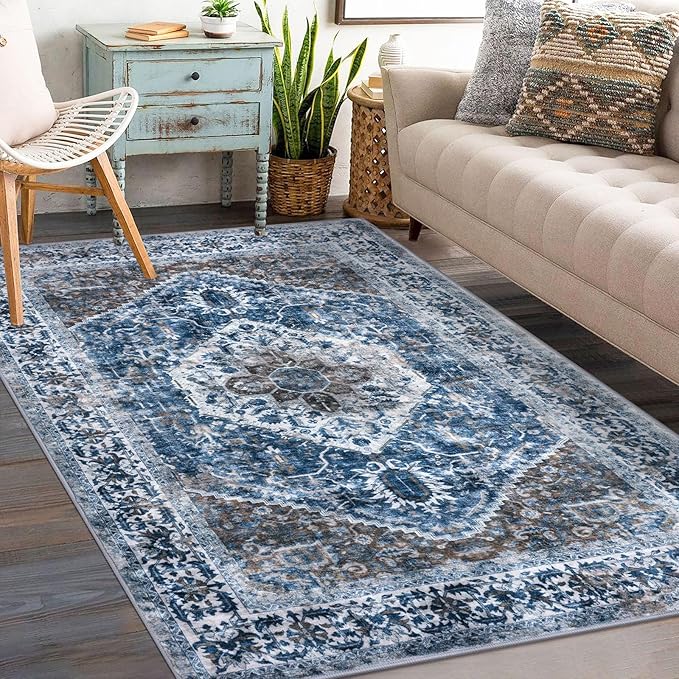 KOZYFLY Boho Area Rug 3x5 Ft Rugs for Entryway Washable Entry Rug Non Slip Door Mat Indoor Entrance Blue Printed Faux Wool Vintage Kitchen Rug Throw Rugs for Entrance Kitchen Living Room