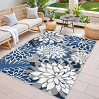 3x5 Washable Rug for Living Room Tropical Botanical Modern Floral Chenille Area Rugs Low Pile Non Slip Carpet for Patio, Bedroom, Laundry, Blue
