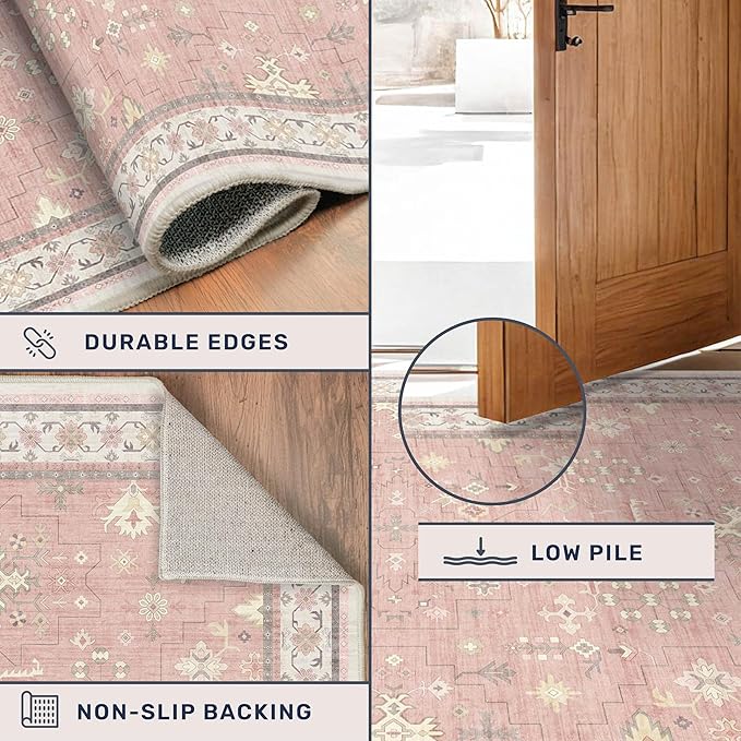 Pink and Gold Girls Rugs for Bedroom, 4x6 Non Slip Nursery Floral Area Rug, Machine Washable Kids Playroom Mat, Vintage Thin Low Pile Carpet for Living Room, Dorm