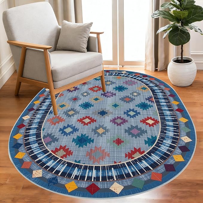 Funky Vintage Blue Red Orange Geometric Texture Indoor Area Rug for Living Room Bedroo Dining Room Faux Wool Soft Low Pile Oval Rugs 12x14 Entrance Nursery Farmhouse Rustic Country Home Office Carpet