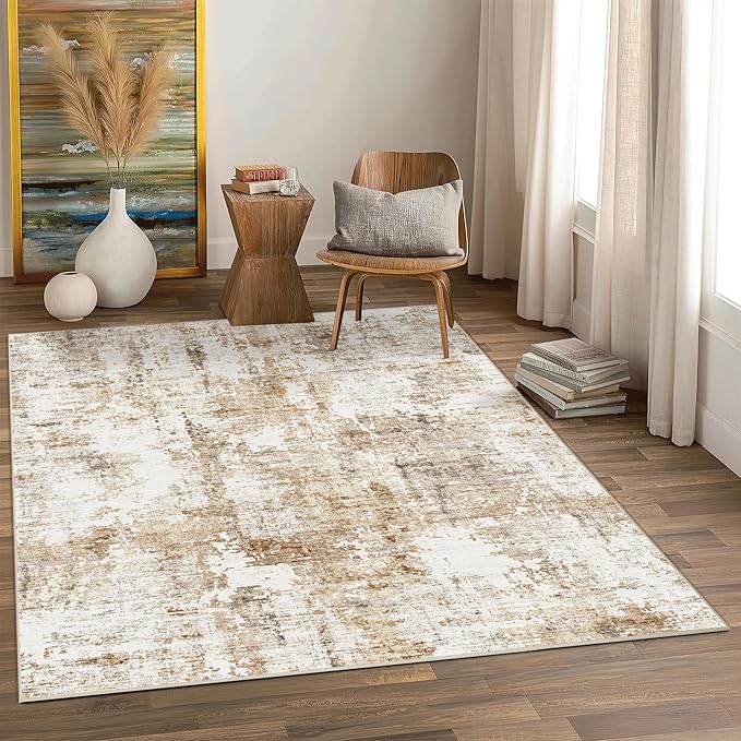 FMFUNCTEX 4x6 Washable Area Rug Abstract Modern Neutral Brown Grey Non Slip Soft Low Pile Thin Accent Entryway Entrance Indoor Carpet for Living Room Bedroom Dining Office Nursery Bedside, Grey Gold