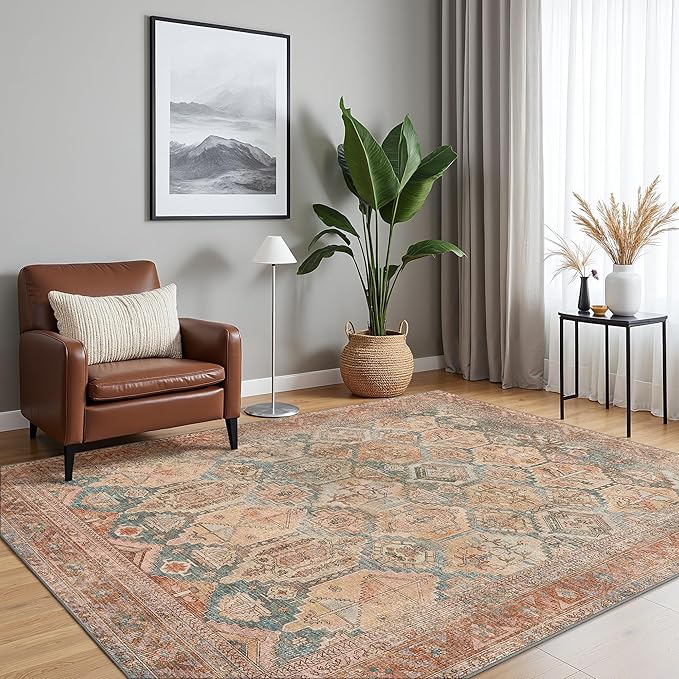 Bavni Runner Rug 2x10 Kitchen Rug for Hallways Entryway, Washable Rug Vintage Print Carpet, Ultra-Thin Chenille Low Pile Lightweight Rug with Non Slip Backing, Clay