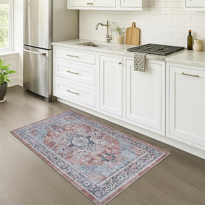 Fame Rugs Turkish Rug. Washable Vintage Oriental Antique Inspired Traditional Doormat Small Modern Area Rugs Luxury Entryway Entry Bedroom Bathroom Kitchen (401TB, 2'5 x 13'1)